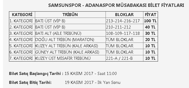 SAMSUNSPOR-ADANSPOR MAÇ BİLET FIYATLARI BELLİ OLDU