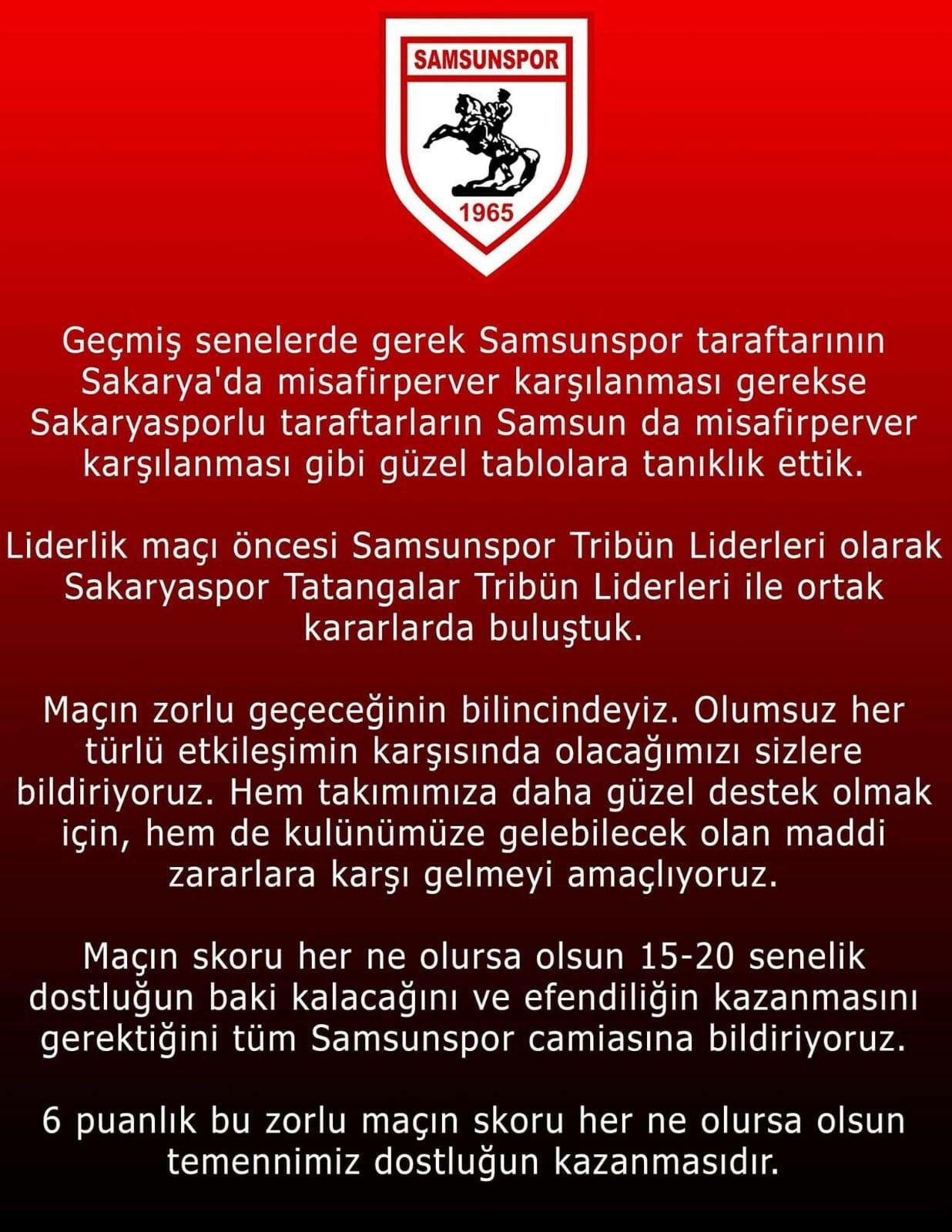 SAMSUNSPOR'DAN SAKARYASPOR AÇIKLAMASI