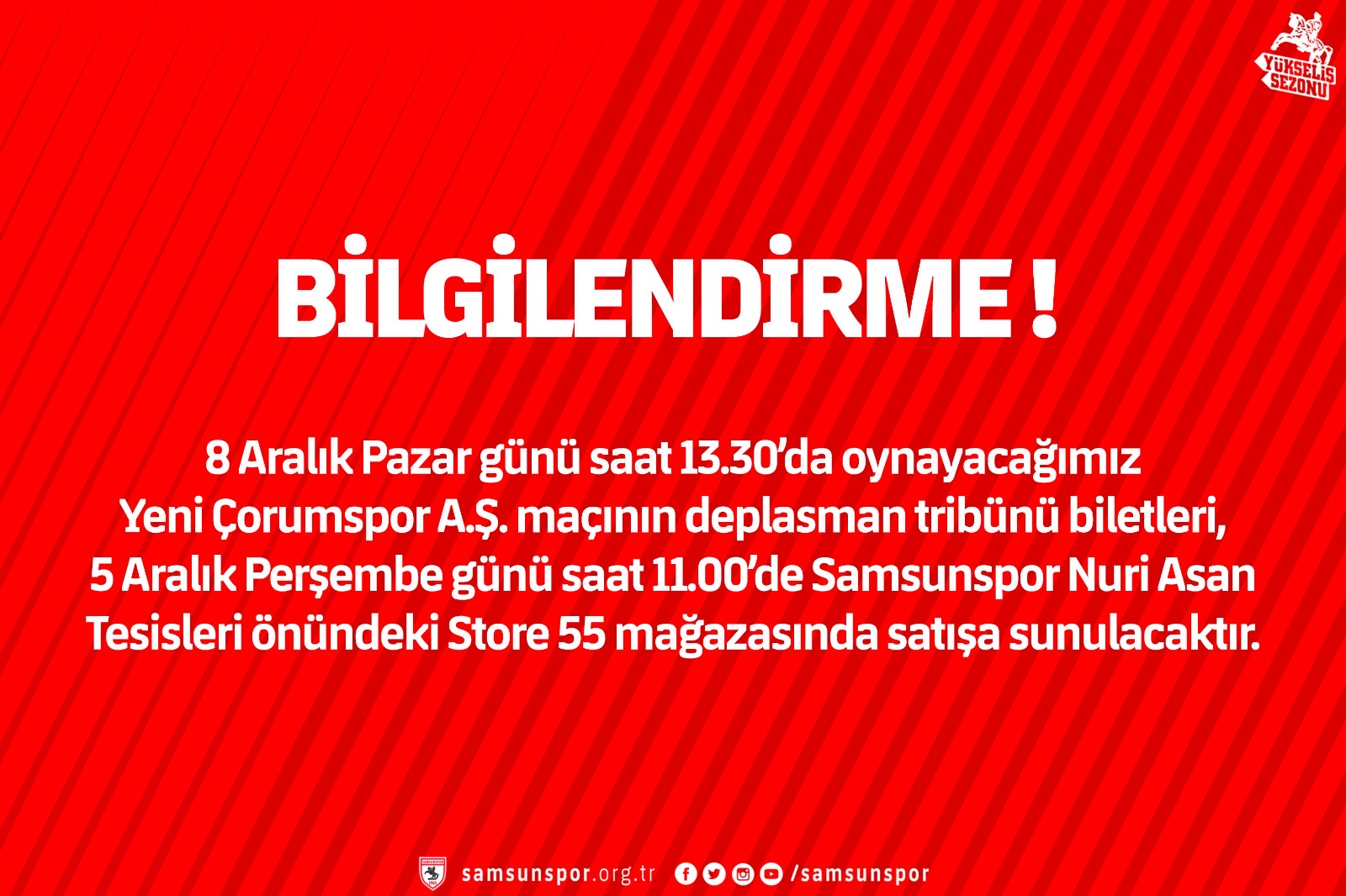 SAMSUNSPOR'DAN ÇORUM MAÇI BİLET AÇIKLAMASI