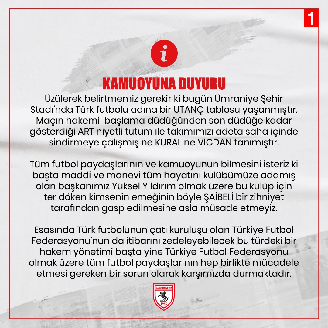 Samsunspor'dan Adalet ve Fair Play açıklaması