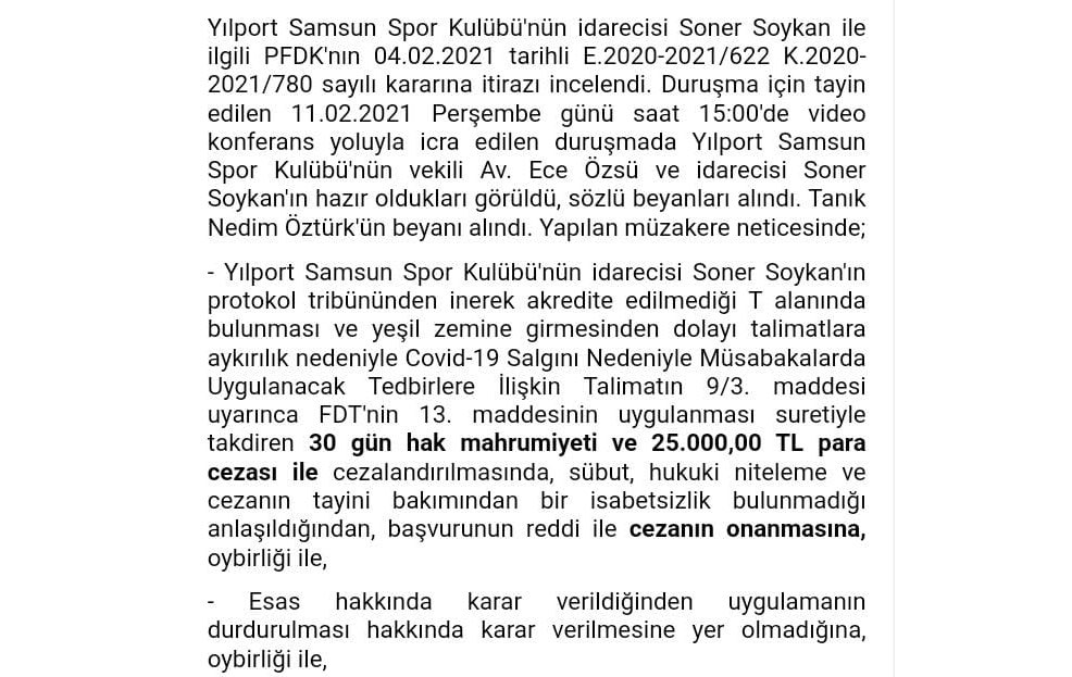 TFF'den Samsunspor Açıklaması