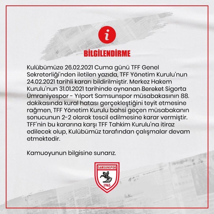 Samsunspor'dan kural hatası açıklaması