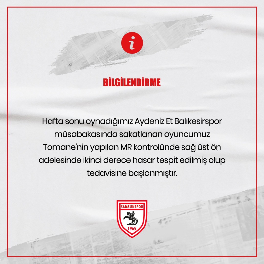 Samsunspor’dan Tomane'nin Sağlık Durumu Açıklaması