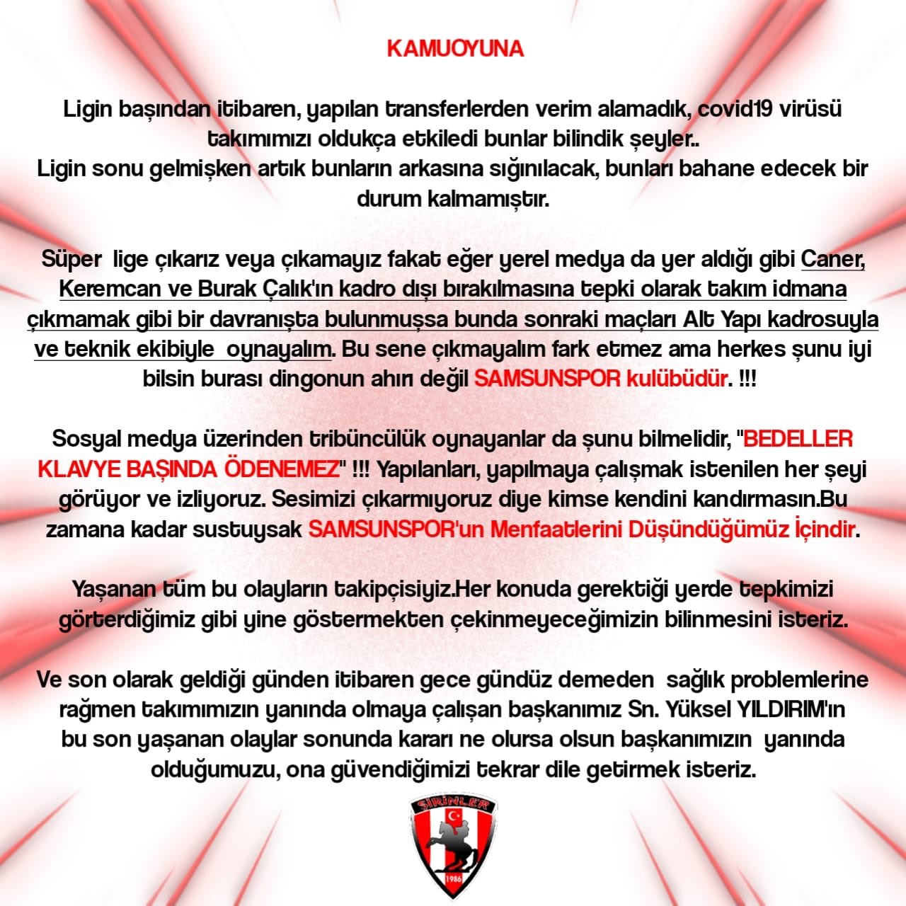 Samsunspor Taraftar Grubundan Flaş Açıklama