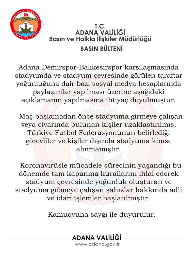 Adana Valiliğinden Taraftar Açıklaması