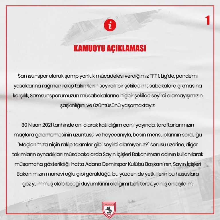 Samsunspor Kulübünden Önemli Açıklama