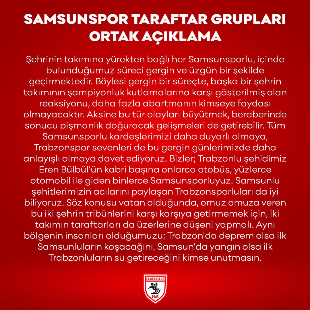 Samsunspor’dan Trabzonspor Açıklaması