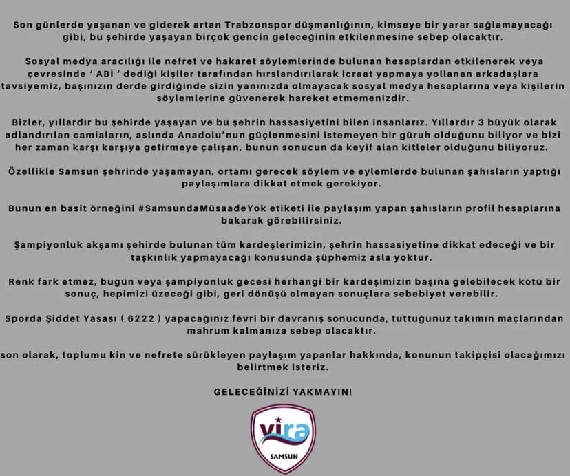 Trabzonspor’dan Samsunspor Açıklaması