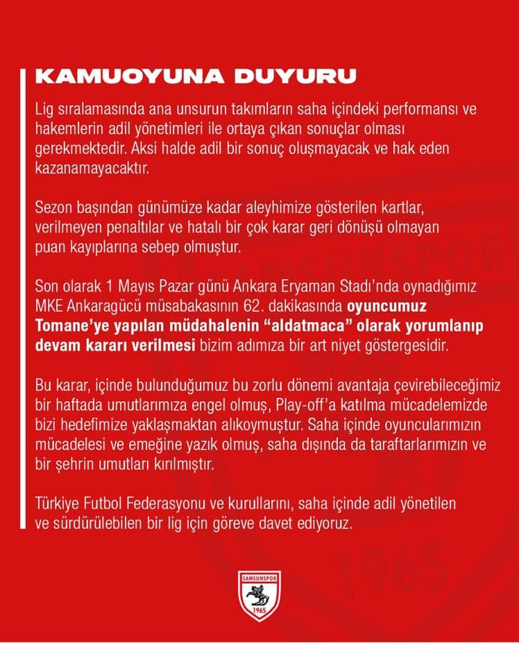 Samsunspor TFF’ye Ateş Püskürdü