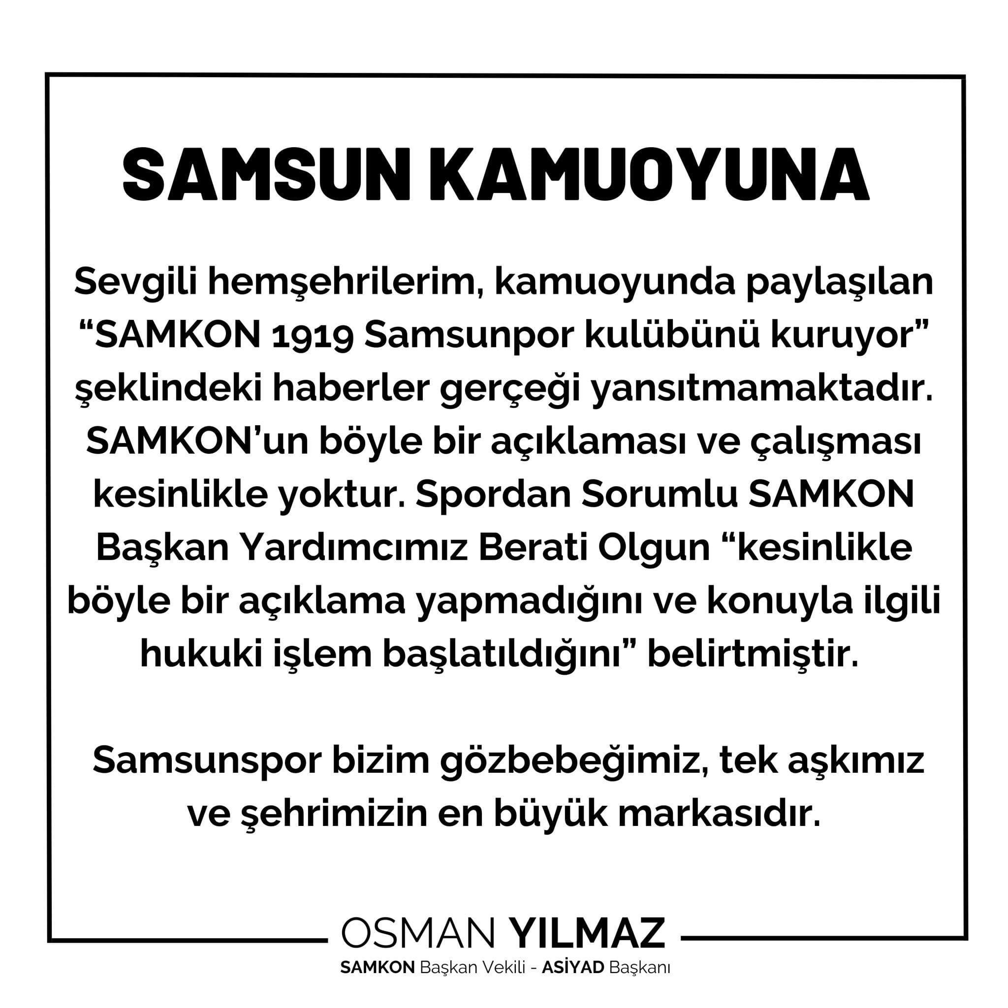 Samkon’dan 1919 Samsunspor Açıklaması