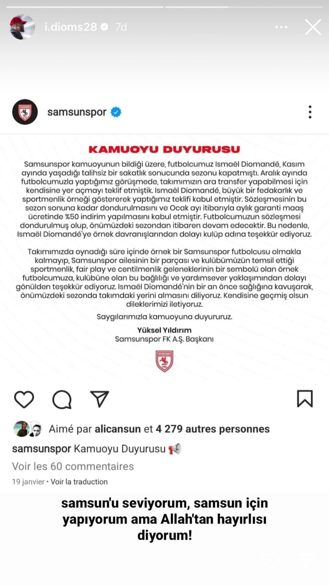 Diomande’den Duygusal Samsunspor Paylaşımı