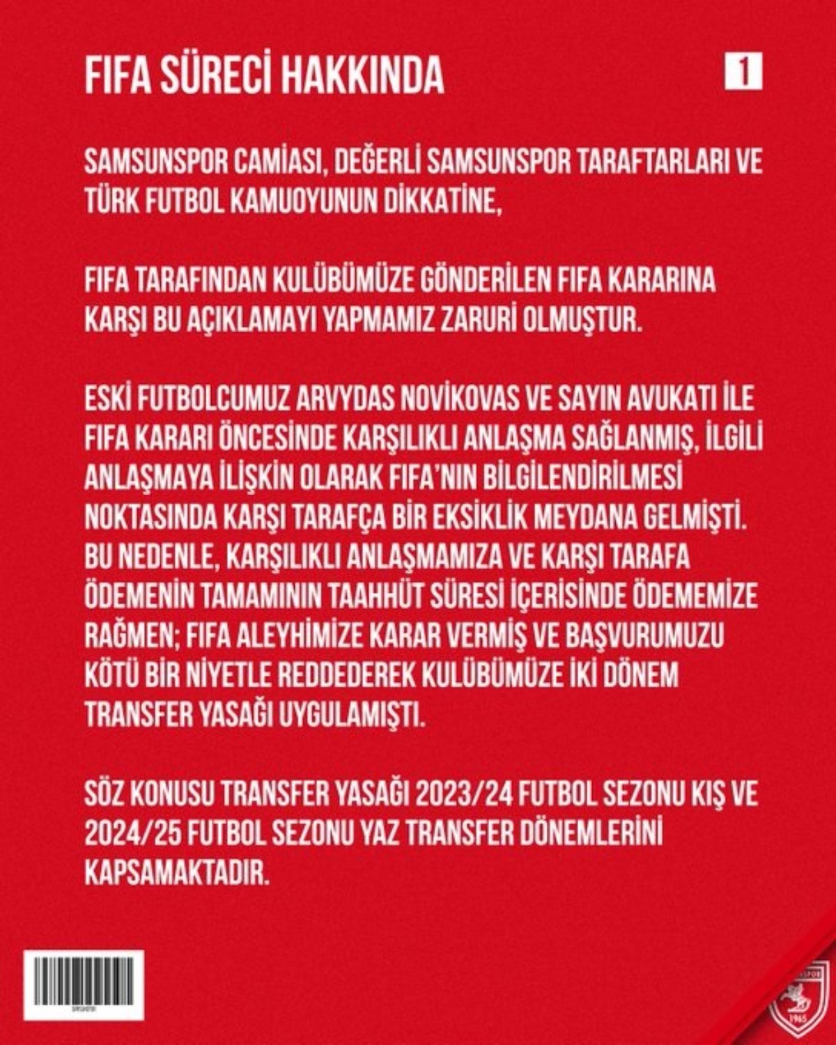 Samsunspor Kulübü'nden 2 dönem transfer yasağına ilişkin açıklama